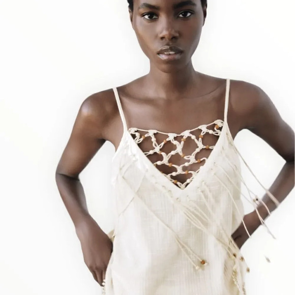 ZARA | Ecru | BEADED COTTON TOP - Picture 6 of 13